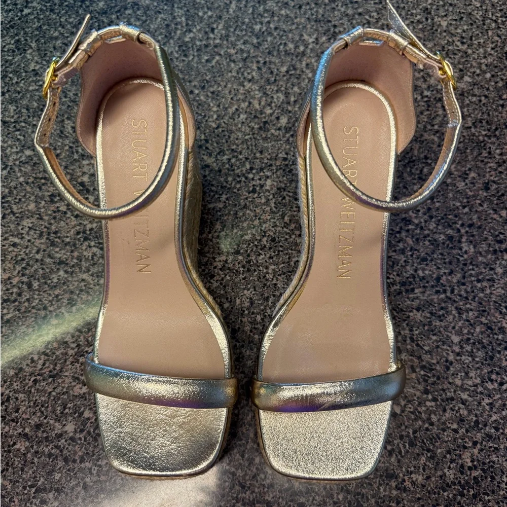 “STUART WEITZMAN”  Nudist Metallic Gold Espadrille Wedge Sandal - Picture 7 of 16